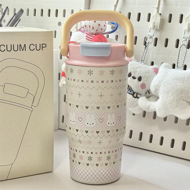 High-Aesthetic Coffee Cup for Women, Exquisite Plaid Ins Style Straw Cup, Stainless Steel Portable Handle Thermos Cup Wholesale