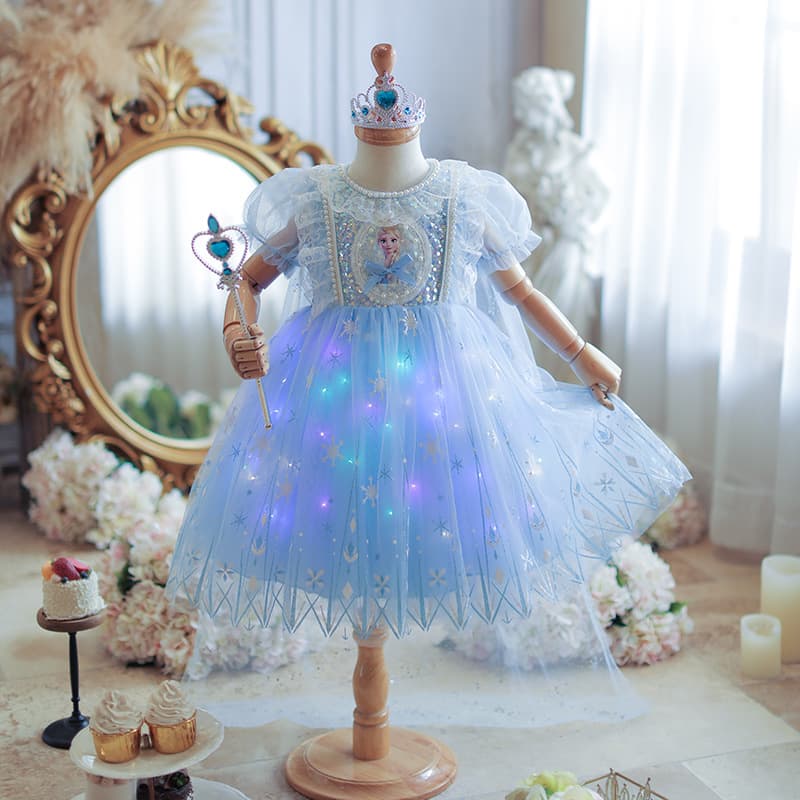 Girls 2026 Summer New Princess Dress Elsa Princess Frozen Glowing Birthday Dress Summer