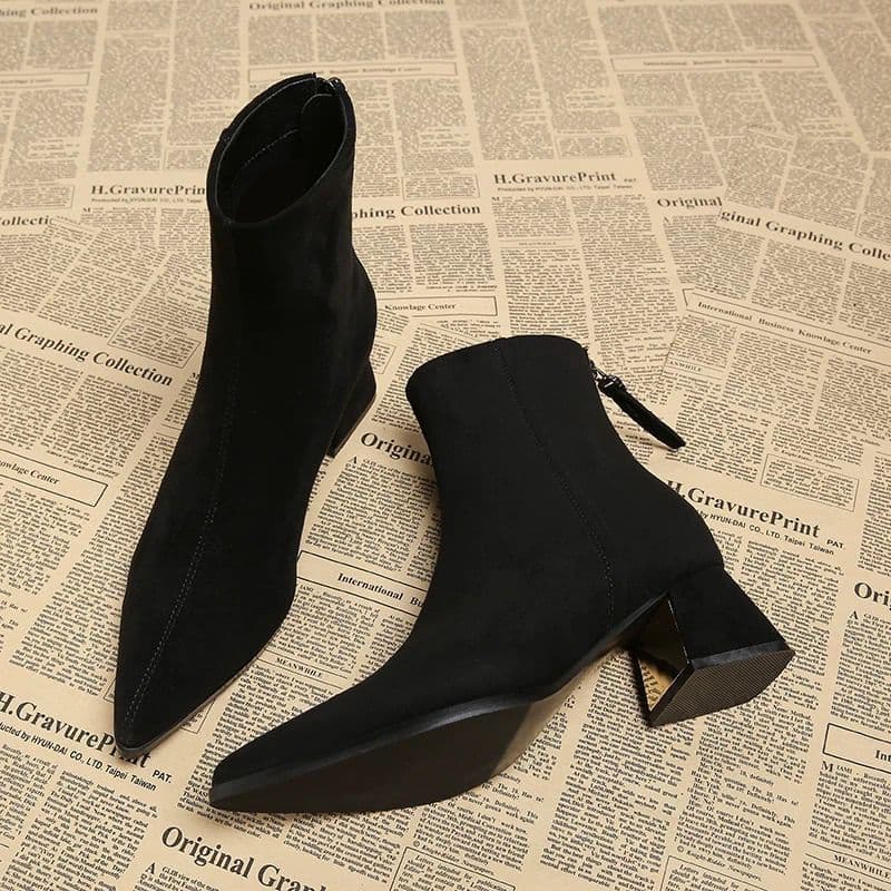 Black Velvet Slim Mid Calf Boots for Women 2026 Autumn Winter French Stylish Pointed Toe Mid Heel for Dresses Martin Boots