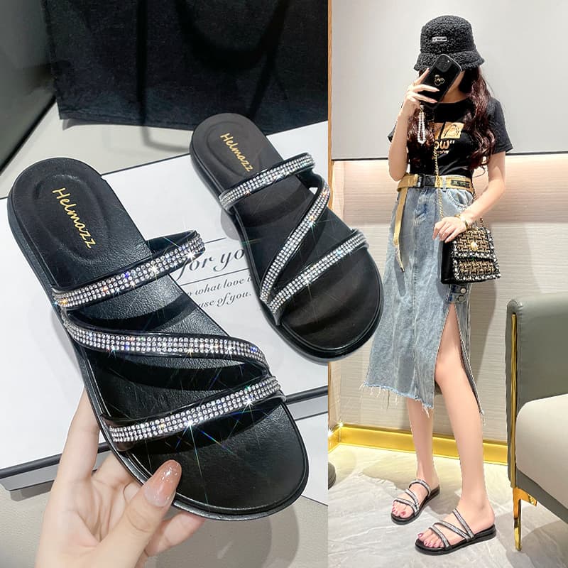 New Bright Women's Rhinestone Sandals Korean Style Thick Sole Non-Slip Solid Color Lady Slippers Summer Trendy Shopping Rhinestone Women's Casual Sandals