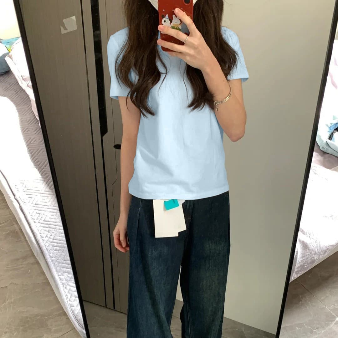 Baby Blue Simple Regular Shoulder Short Sleeve T-Shirt for Women 2026 Summer Korean Style Solid Color Slim Fit Versatile Fashion Cotton Top