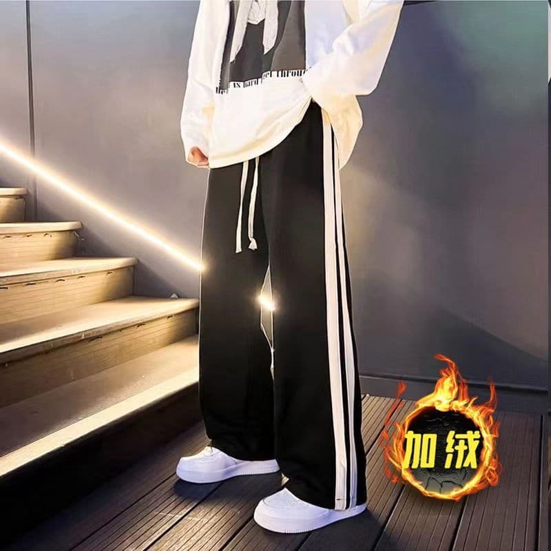 Korean Retro Simple Side-Stripe Casual Pants for Men, Autumn/Winter New Loose Versatile Black Sports Pants for Women