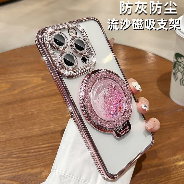 Rhinestone quicksand holder magnetic suction suitable for Apple 16PROMAX mobile phone case electroplated transparent iPhone15 soft sheath