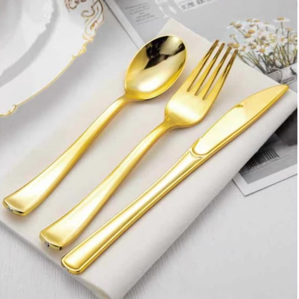 Cross-border PS Plastic UV Electroplated Gold Disposable Knife, Fork, and Spoon for Birthdays and Weddings with Drop Shipping