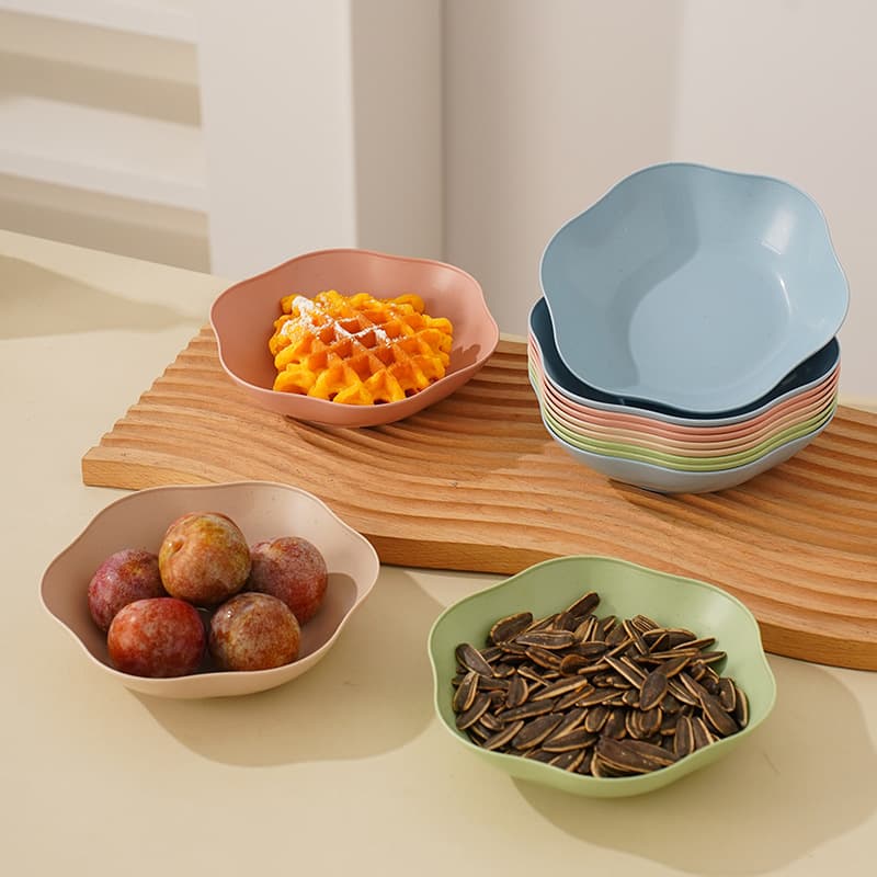 Snack Dish Household Plate for Snack Storage, Candy Tray, Creative Plastic Wheat Straw Bone Dish, Round Floral Pattern Vegetable Plate
