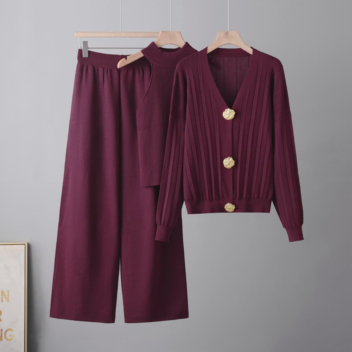 Export Large Metal Button Knit Set for Women, Autumn/Winter Casual Cardigan Sweater Vest Skirt Three-Piece Set, European and American Style