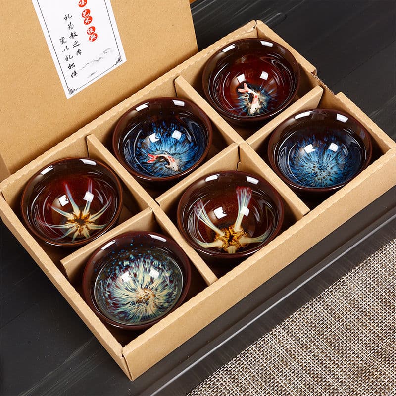 Kiln-Transformed Master Glazed Tea Set: Aesthetic Jian Zhan Cup Collection in Gift Box