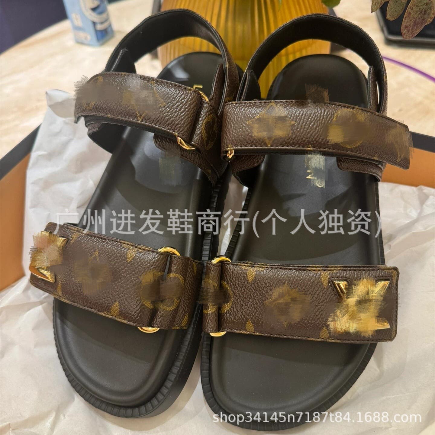 High version~European and American cross-border printed large size Lujia sandals for women with double buckle back strap flat bottom versatile letter sandals
