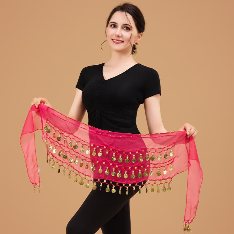Spot belly dance waist chain for beginners, Indian dance practice hip scarf, three-layer chiffon gold coin belt, performance waist scarf.
