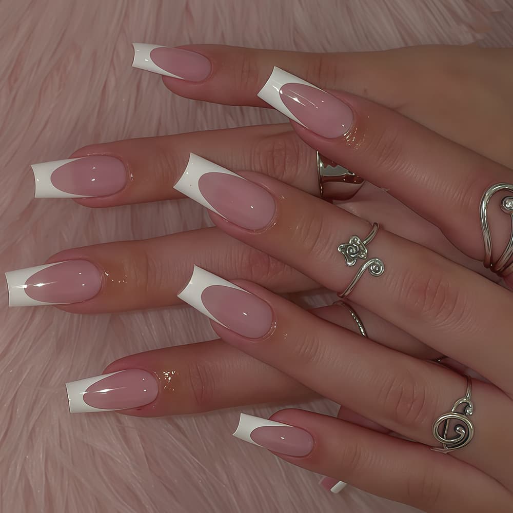 Fangjia Fashionable Versatile White French Pink Press-On Nails 24 Pieces Removable False Nails Whitening Effect