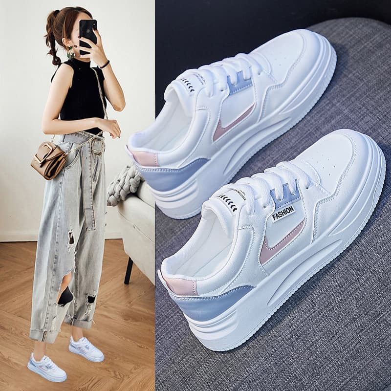 Trendy Basic White Shoes For Women Spring 2024 New Breathable Thick Bottom Korean Style Skate Shoes Student Qr663