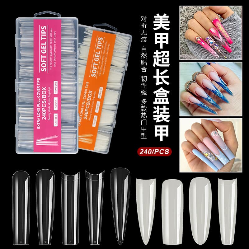 Cross-border Extra Long Slim Dog Nail Tips False Nail Stickers 240pcs Boxed Transparent Full Cover XXXL Denim Nail Art Tips