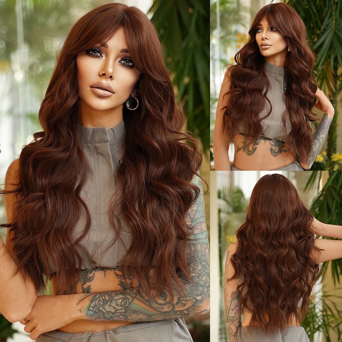 Drop Shipping Cocoa Brown Long Curly Hair Side Bangs Big Wave Wig for Women Synthetic High Temperature Silk Wig Wholesale