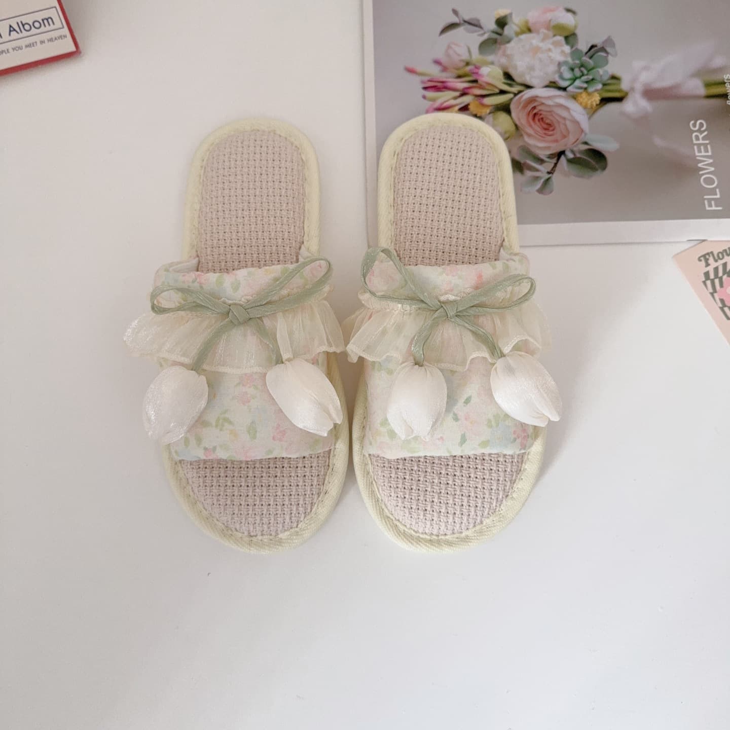 Romantic French Tulip Home Linen Slippers for Women, Summer Non-Slip Floor Sandals, Indoor/Outdoor Cotton Linen Slippers for All Seasons