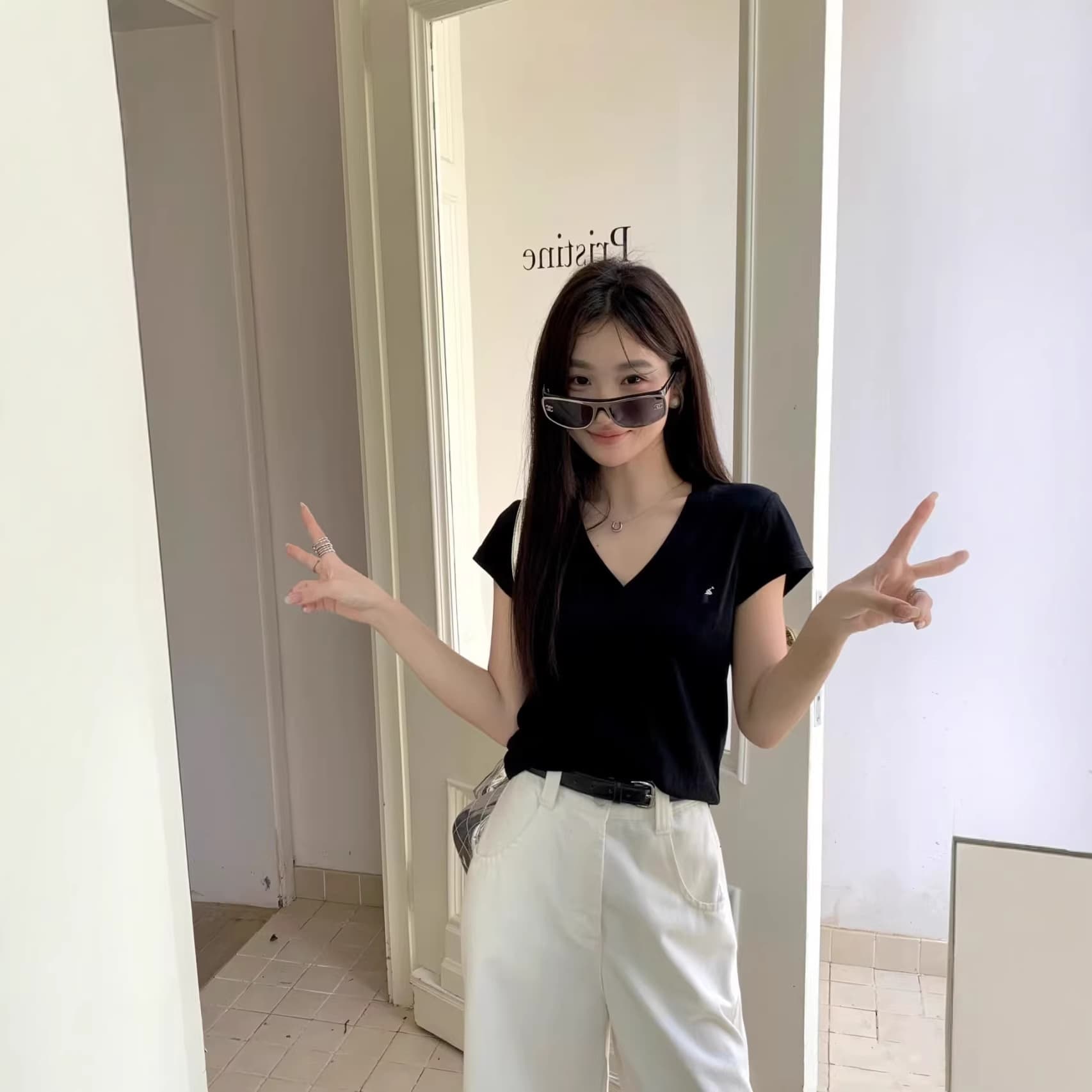 Rough V-Neck Pony Logo Embroidered Pure Cotton Women's Summer High-End Short-Sleeve T-Shirt, Scan QR Code for Matching Style