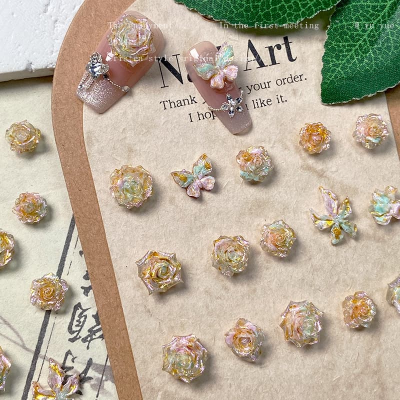 Hot-selling financial oil painting-like butterfly nail art jewelry, luminous flash, exquisite soft flower wearable nail accessories, nail art diamond jewelry