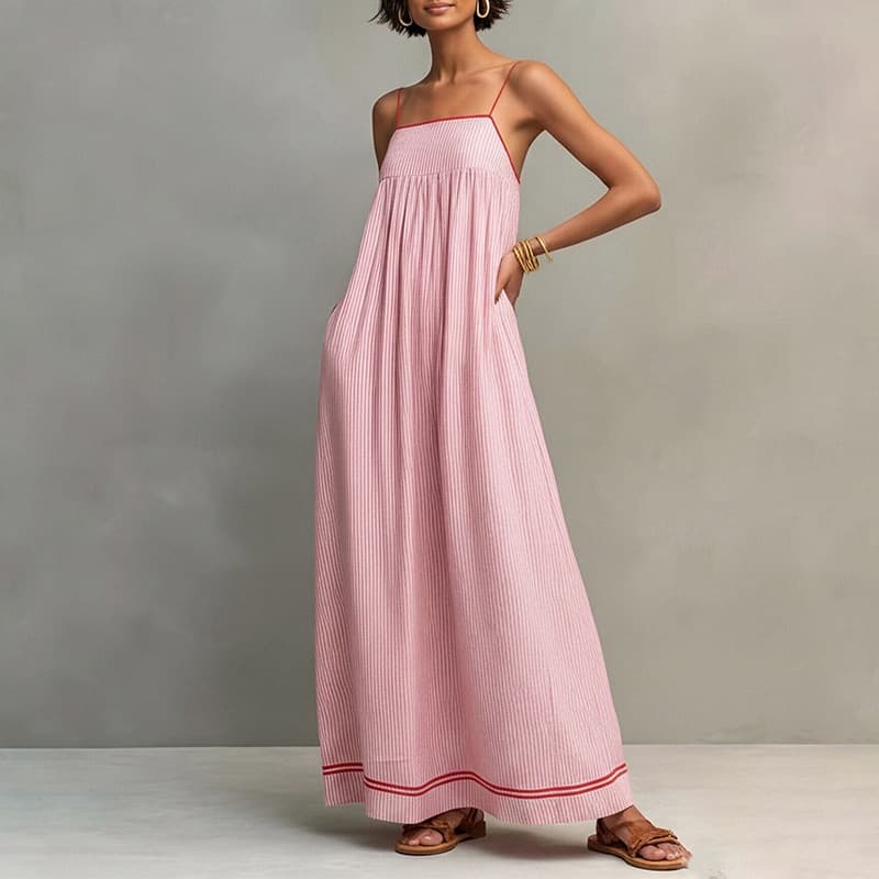 2026 New European and American Women's Dress, Summer High-End Vacation Style Loose Pleated Long Dress Slip Dress