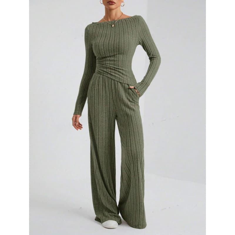 Overseas Trade Europe America Cross-border 2025 Autumn Winter Casual Solid Color High Neck Knit Long Sleeve Set Women Loose Pants Two-Piece Set
