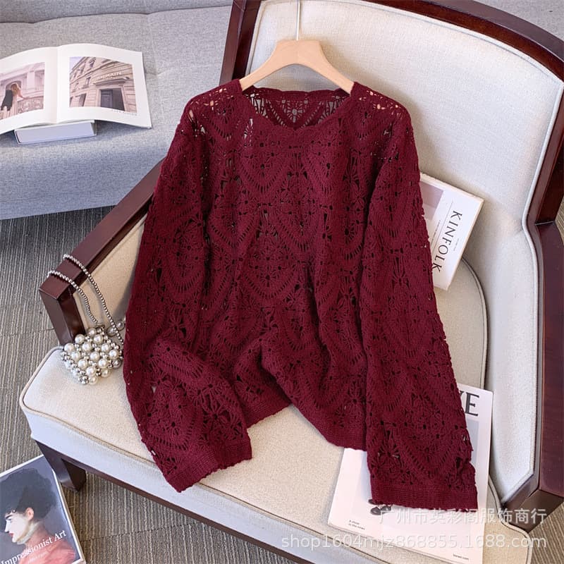 Autumn Korean style lazy style solid color loose long-sleeved sweater sweater thin slightly transparent hollow round neck versatile top