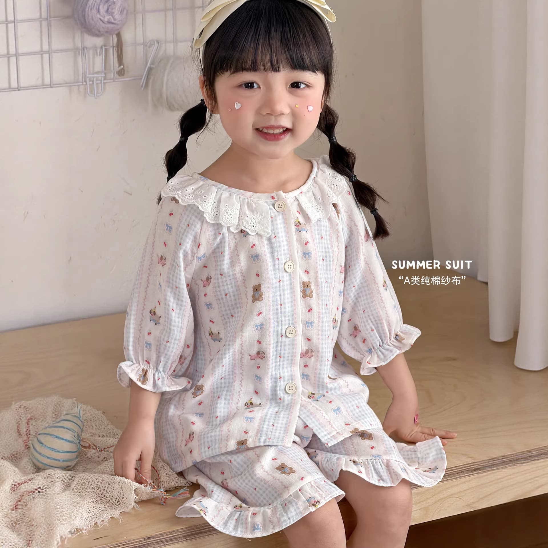Summer Short Sleeve Kids Pajama Set 2026 New Pure Cotton Yarn A-Class Lace Round Neck Girls Baby Loungewear