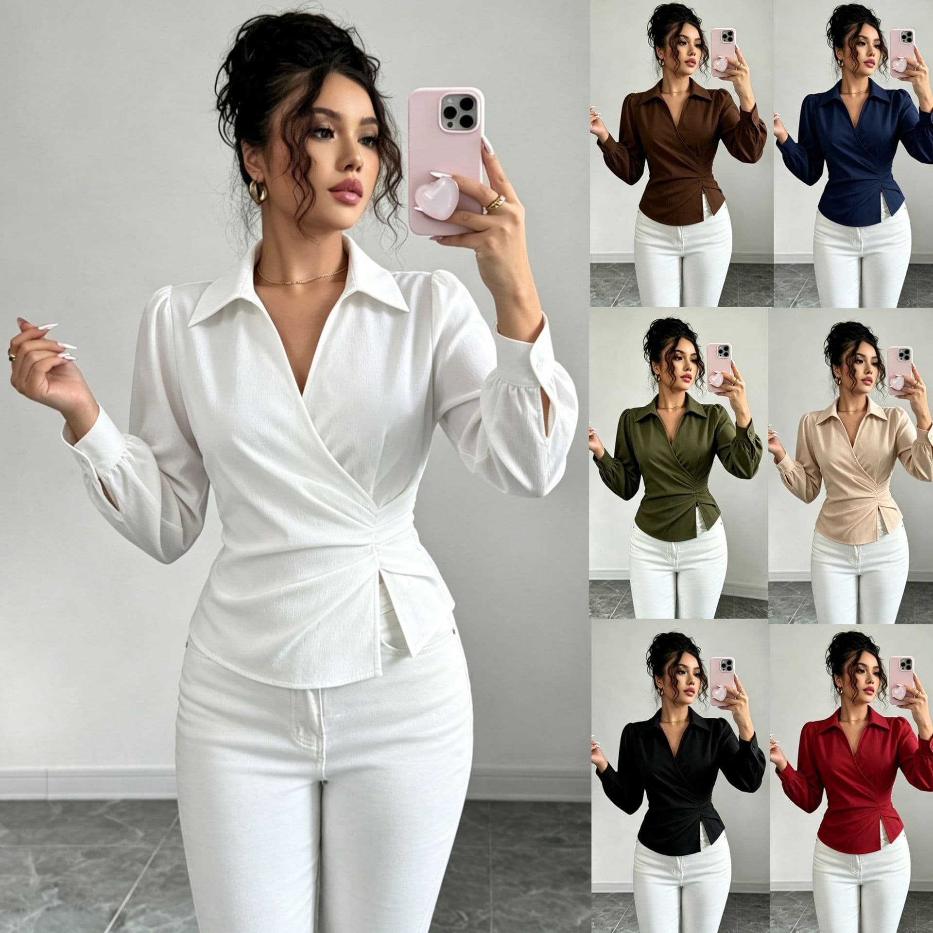 2026 New Cross-Border EU/US Amazon French Lapel V-Neck Wrap Waist-Tie Design Blouse