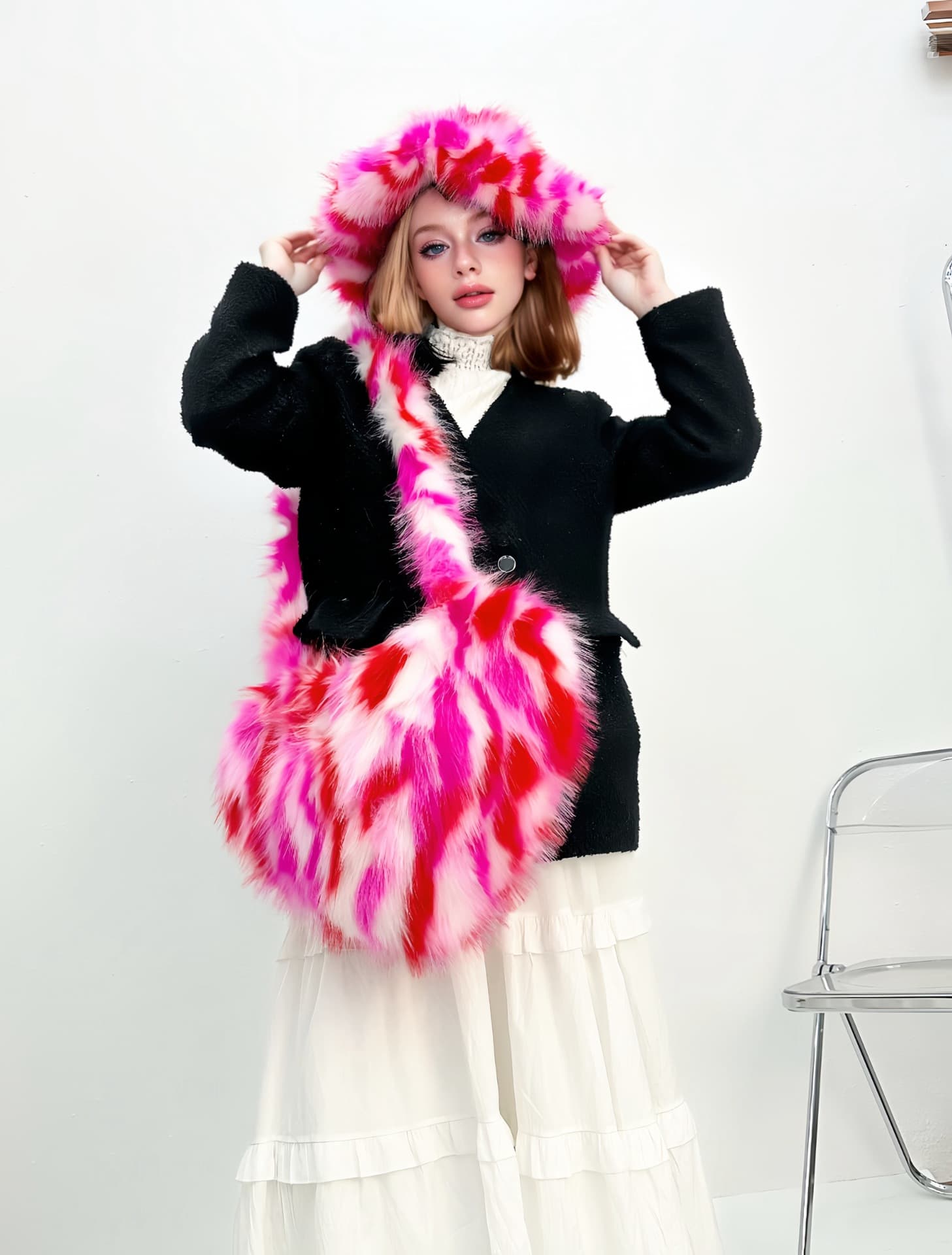 2025 new Y2K European and American cross-border heart-shaped fox fur fur bag with plush fisherman hat complete set