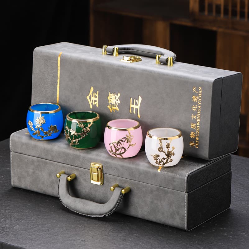 Interesting gold inlaid jade hand-inlaid plum, orchid, bamboo and chrysanthemum glass master cup personal tea cup kung fu tea set tea cup