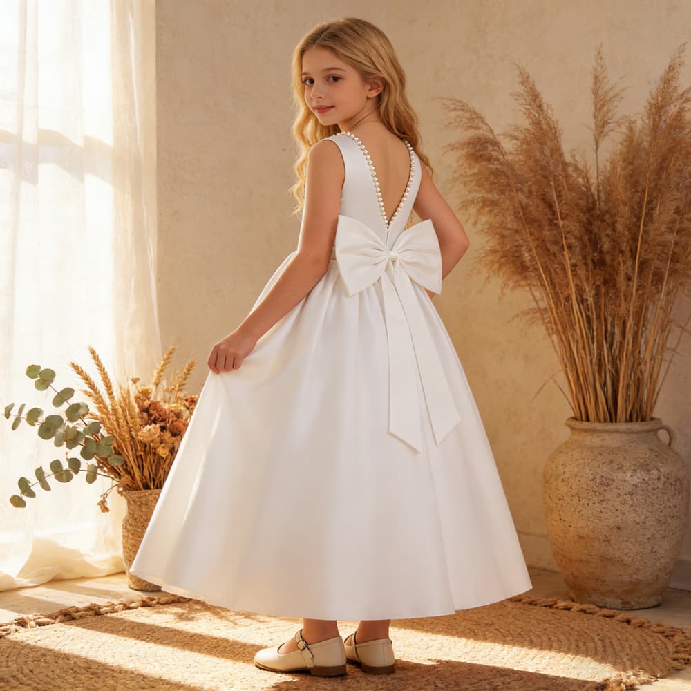 New Girls' Princess Dress with Beaded Back V-Neck Bow Tutu Skirt for Kids Runway Wedding Gown