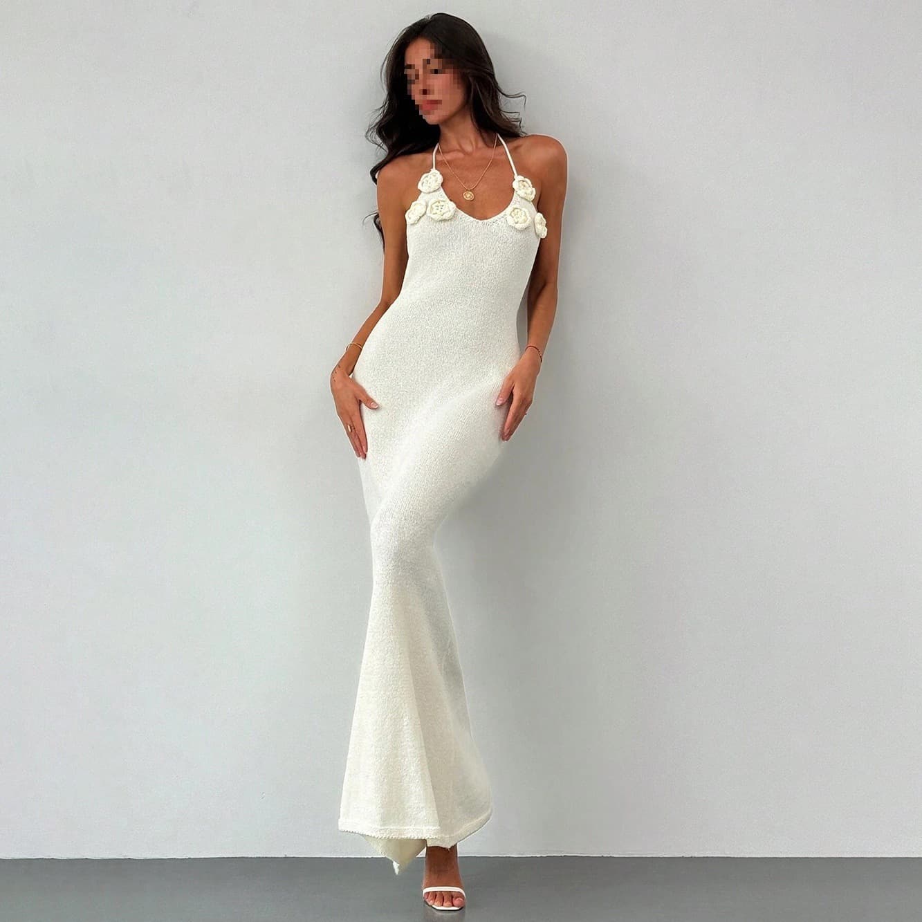 2026 European and American cross-border women's sexy knitted hollow slim long skirt halter neck tie sleeveless embossed dress
