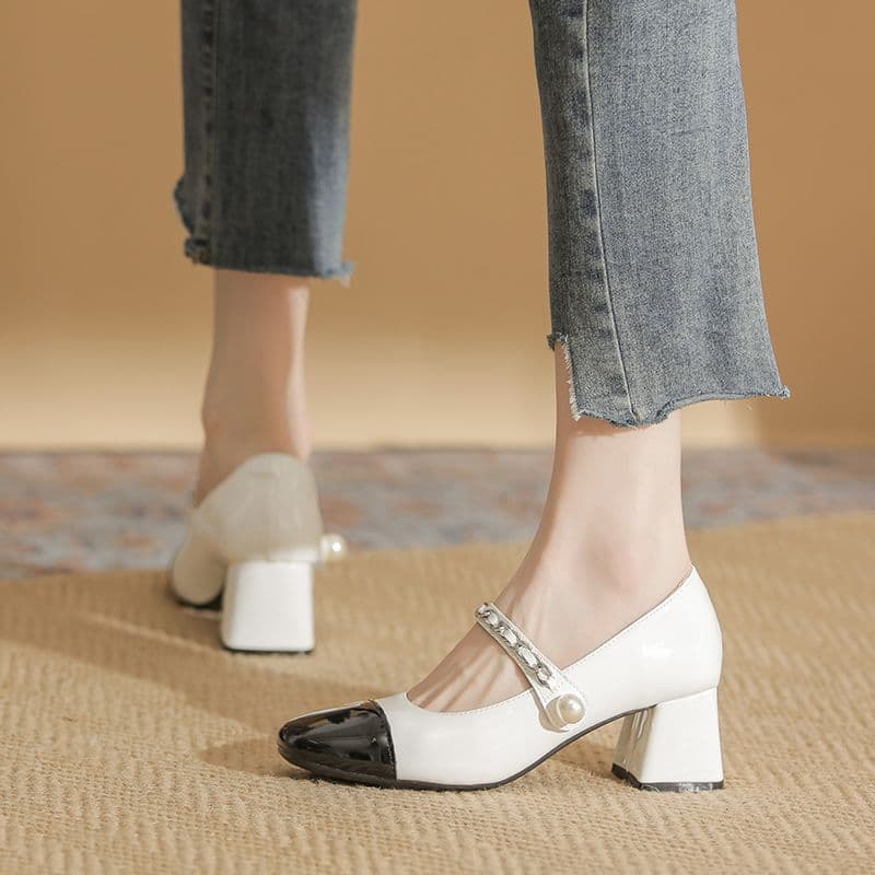 New Women's Spring Chunky Heel Single Shoes, Black and White, Vintage French Square Toe High Heels