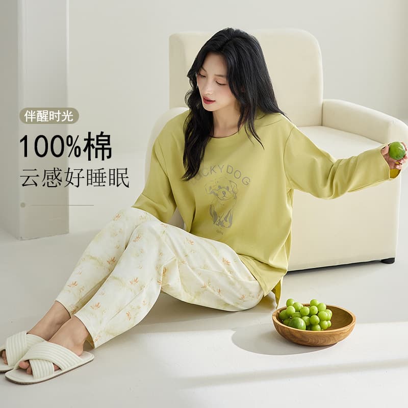 Women's 100% Cotton Pajamas, Long Sleeve, Round Neck, Pullover, Cartoon Print, Wearable Outside, Full Cotton Loungewear for Fall and Winter