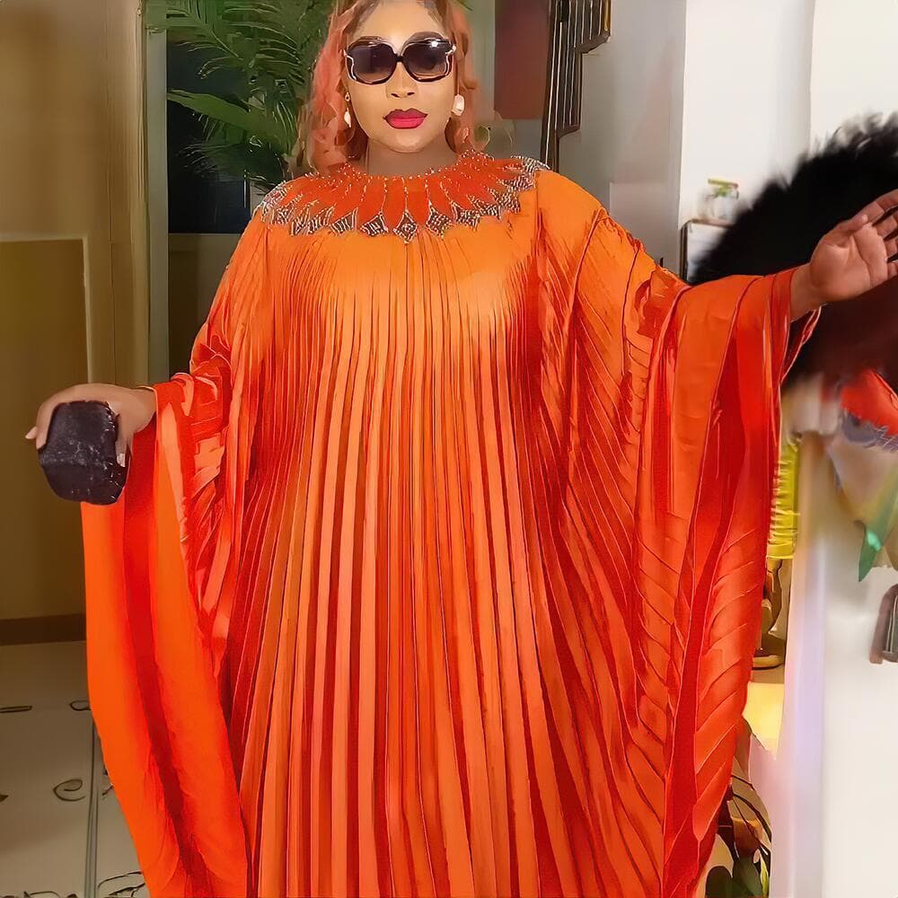 African Ethnic Style Clothing Dress with Heavy-duty Hot-fix Rhinestones, Beads, Pleated Loose Plus-size Dress
