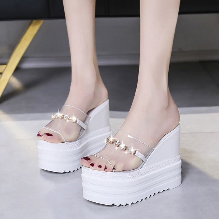 Women's Summer Ultra-Thick Platform Wedge Sandals with 12cm Hidden Heel, Fashionable Sexy Peep-Toe Slide Slippers