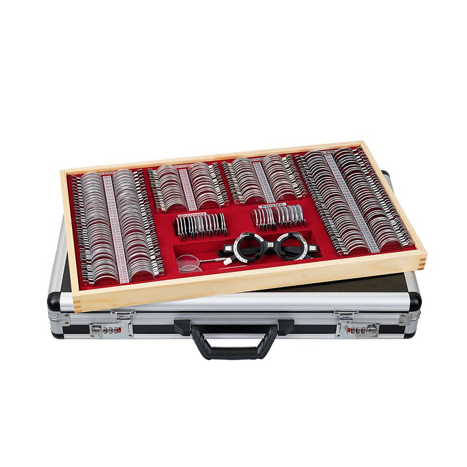 JS-266A Red Lining Optometry Trial Lens Set Black Aluminum Case 266-Piece Metal Trial Lenses for Optical Shops and Ophthalmology