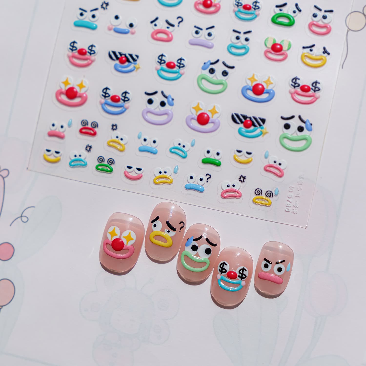 Jelly manicure stickers, funny creative style nail stickers, cute and funny clown manicure decorations, nail drills