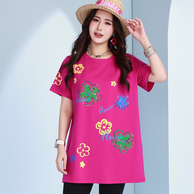 Thirteen lines wholesale women's large size loose cotton short-sleeved T-shirt summer new round neck flower print top for women