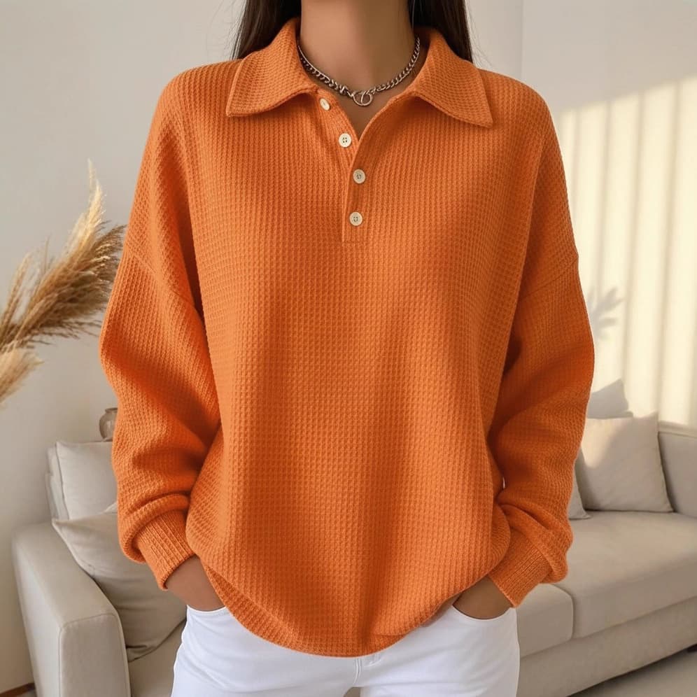 European/American Cross-Border 2025 Autumn/Winter New Loose Solid Color Collar Versatile Polo Shirt, Waffle Knit Long-Sleeve Women's Top