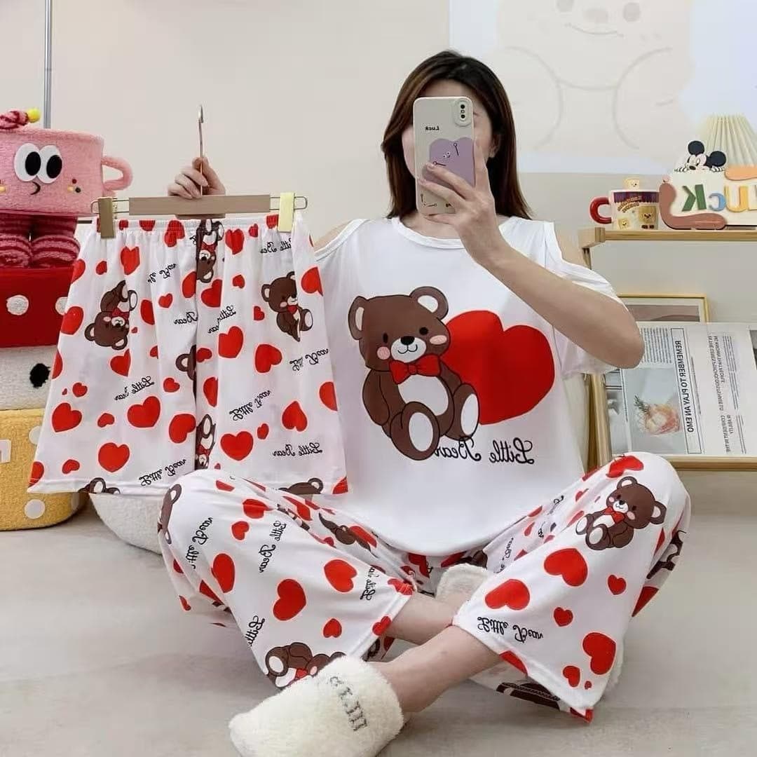 Wholesale Pajamas Factory Direct Plus Size 3-Piece Sleepwear Set for Women Summer Short Sleeve Long Pants Loose Heart Print Loungewear