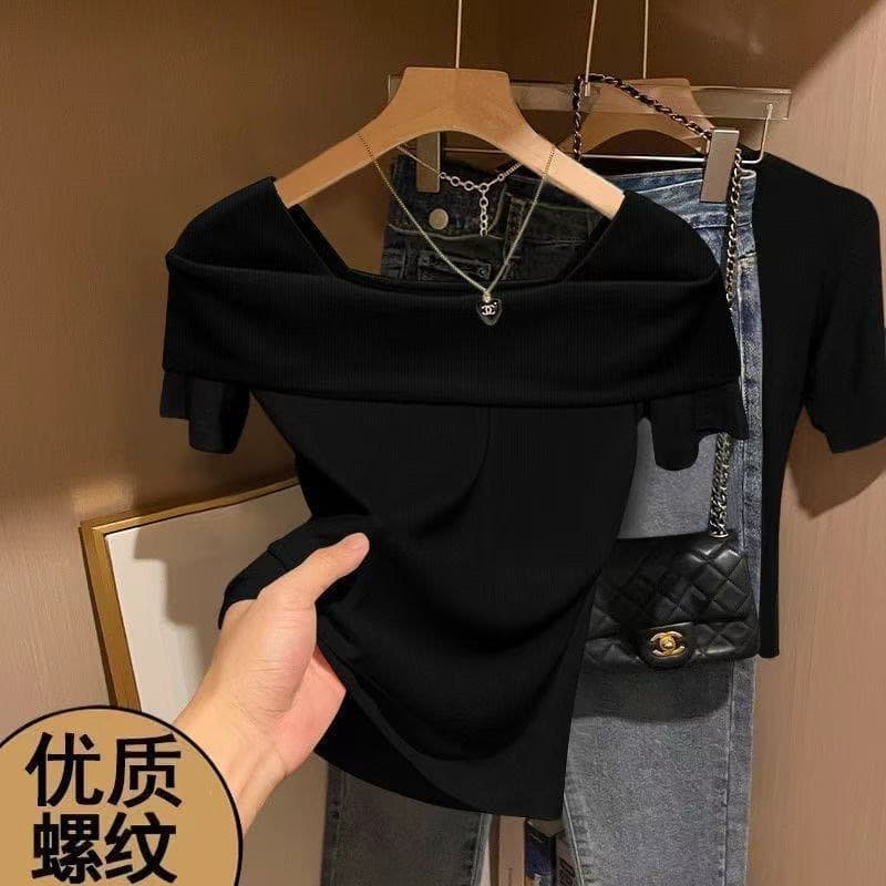 250g Ice Silk Ribbed Exposed Collarbone Short Sleeve Base Top One-Shoulder Top Spring/Summer Ribbed T-Shirt