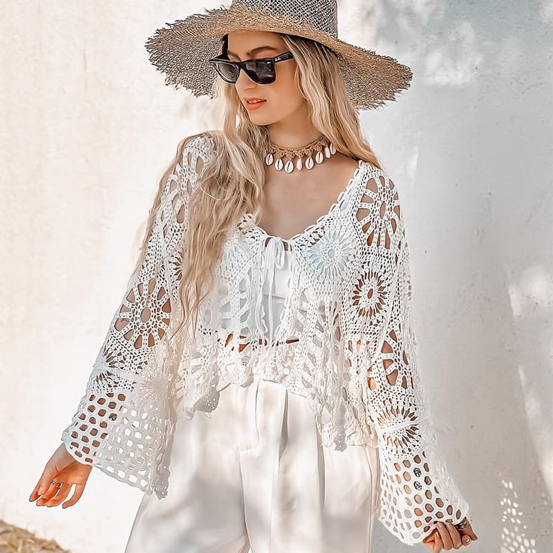 Beach Vacation Cardigan, Beach Cover-Up, Sweet & Spicy Style, Crochet Hollow-Out Sun Protection Outerwear, Thin Lace Cardigan for Women