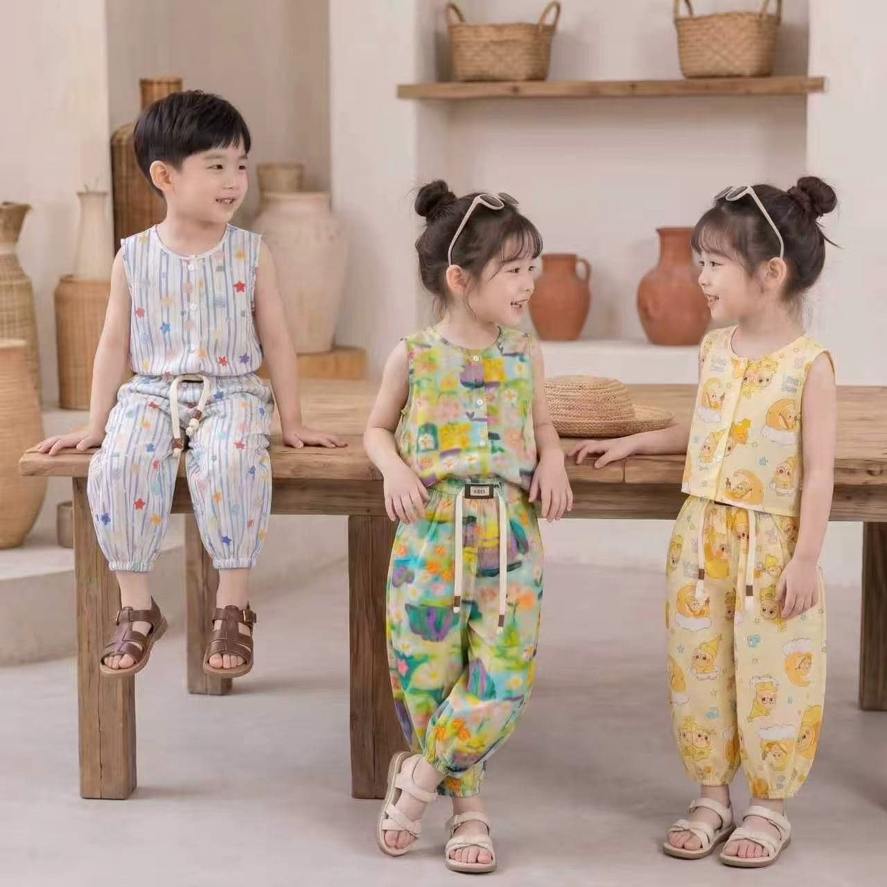 Children's Summer Vest and Long Pants Pajama Set, Cotton Silk Mosquito-Proof Pants, Sleeveless Baby Home Air Conditioning Wear for Boys and Girls