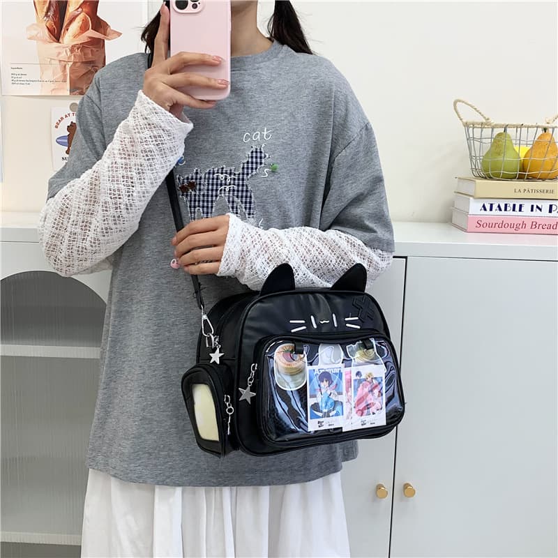 Cute two-dimensional cat bag, small appetite pain bag, backpack, crossbody bag, transparent millet shoulder handbag for women