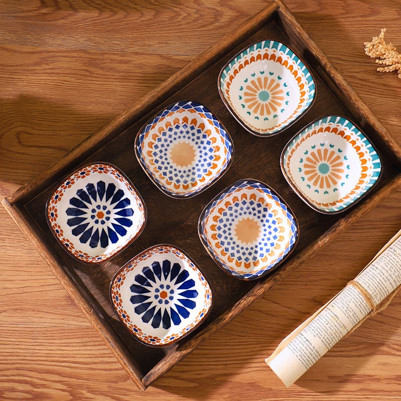 Bohemian Style Ceramic Dipping Sauce Dish, Underglaze Color Snack Plate, Seasoning Dish, Square Hot Pot Plate, Serving Dish, Vinegar Dish