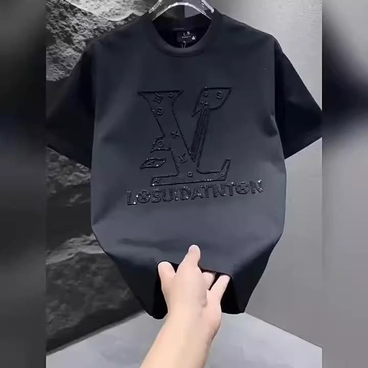 2026 Summer New Men's Round Neck Short Sleeve T-Shirt with Sequins Embroidered Lettering Quick Dry