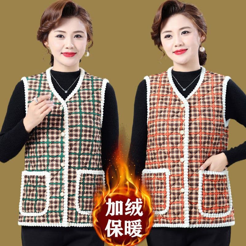 Fashionable middle-aged mother's autumn and winter wear small fragrance style plaid vest coat, women's outer wear fleece-lined warm waistcoat vest.