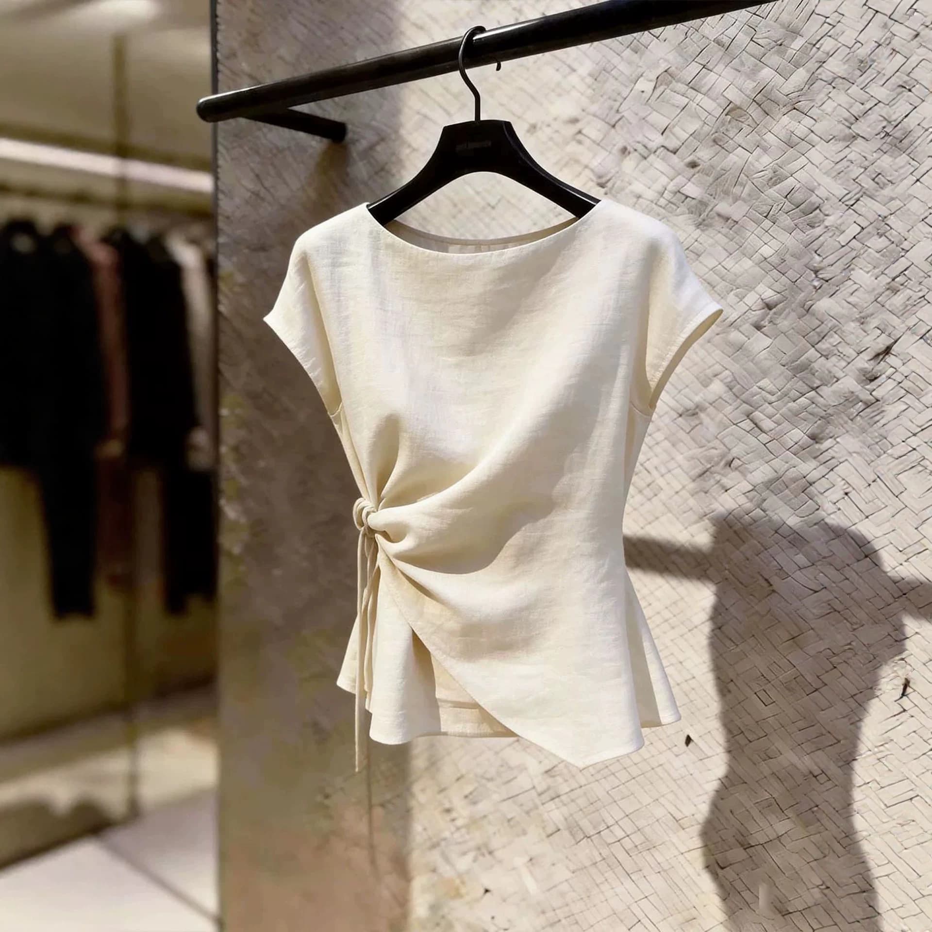 Unique Pretty Super Nice Women's 2026 Summer New Korean Soft Style Apricot Side Tie Waist Top