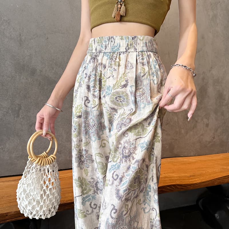 Vintage Jacquard Linen Pants Summer Floral Wide Leg Pants Women 2026 New Loose Cotton Linen Floor-Length Printed Casual Trousers