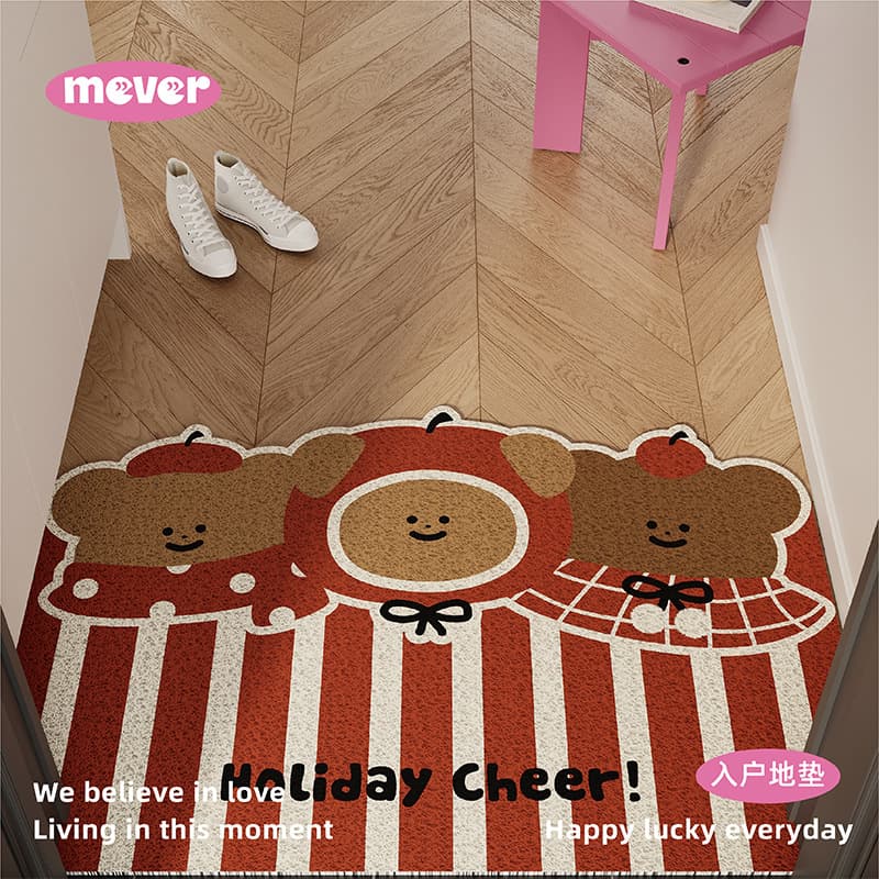 Cute apple bear doormat, scraper/frame type, New Year red, anti-slip, for entryway, hallway, or outside the door.