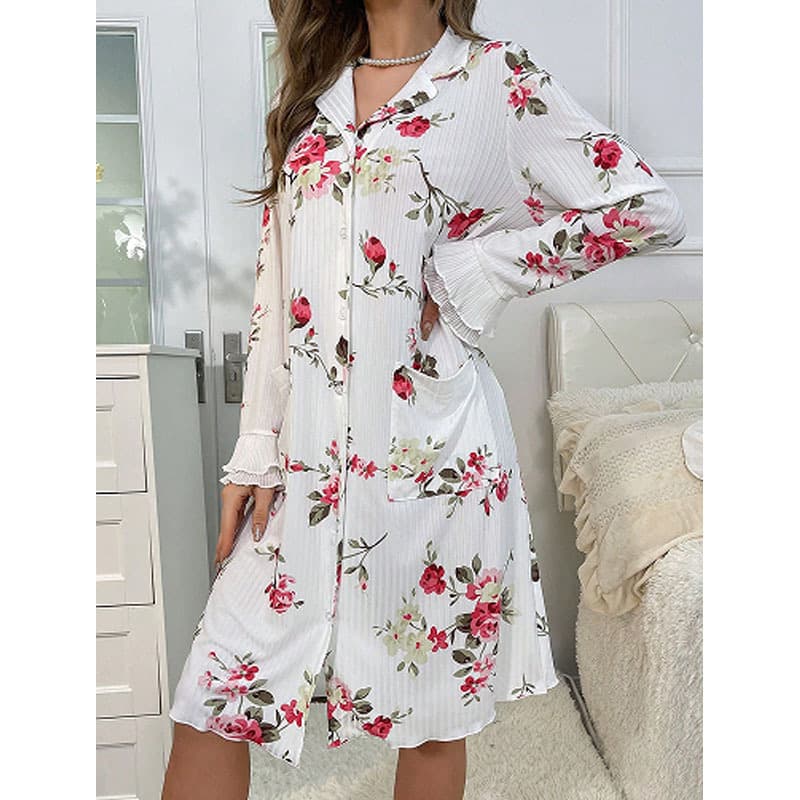 European and American Style Floral Pajamas for Women, Autumn New Nightgown, Elegant Lapel, Loose and Comfortable Long-Sleeved Dress, Home Wear