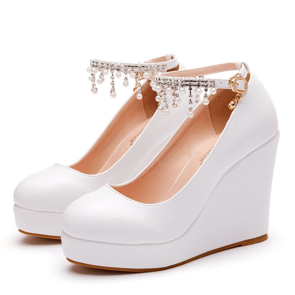 11cm White Round Toe Platform Wedge Shoes for Women, Pearl Beaded Tassel Wedge Shoes, Large Size High Heel Shoes for Women